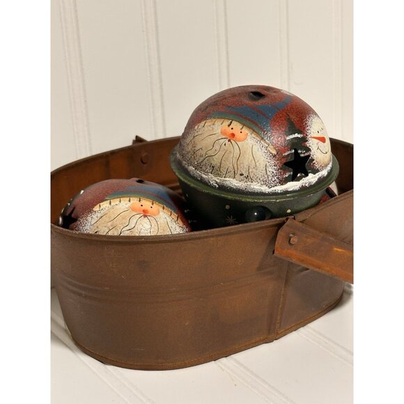 3 Metal Jingle Bells In Rust Basket Christmas Ornaments Red Green Hand Painted - Picture 2 of 6